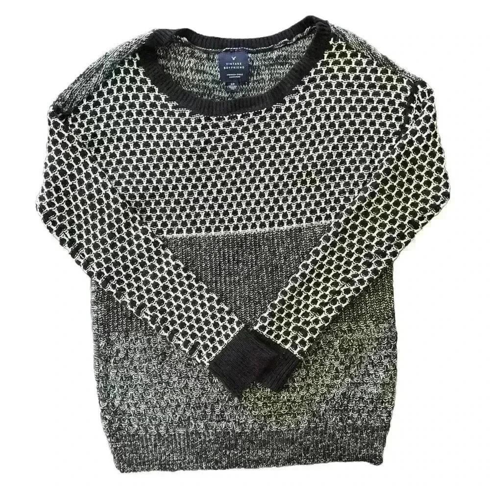 American Eagle Vintage Boyfriend Mixed Knit Sweater Oversized Black White Small